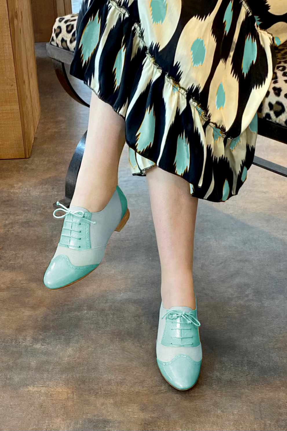 Aquamarine blue women's fashion lace-up shoes.. Worn view - Florence KOOIJMAN